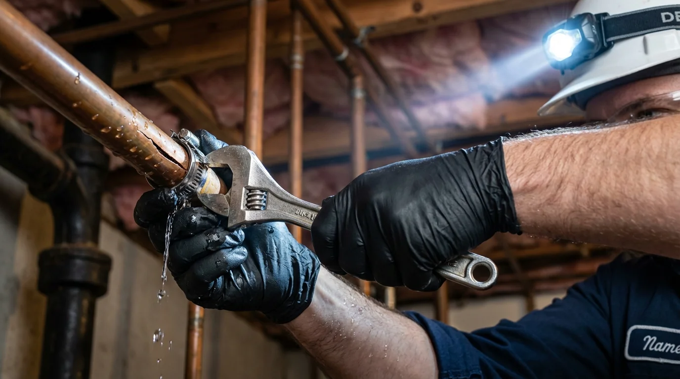 Emergency pipe clamp repair being performed by a Johns Plumbing LLC plumber in Cottonwood