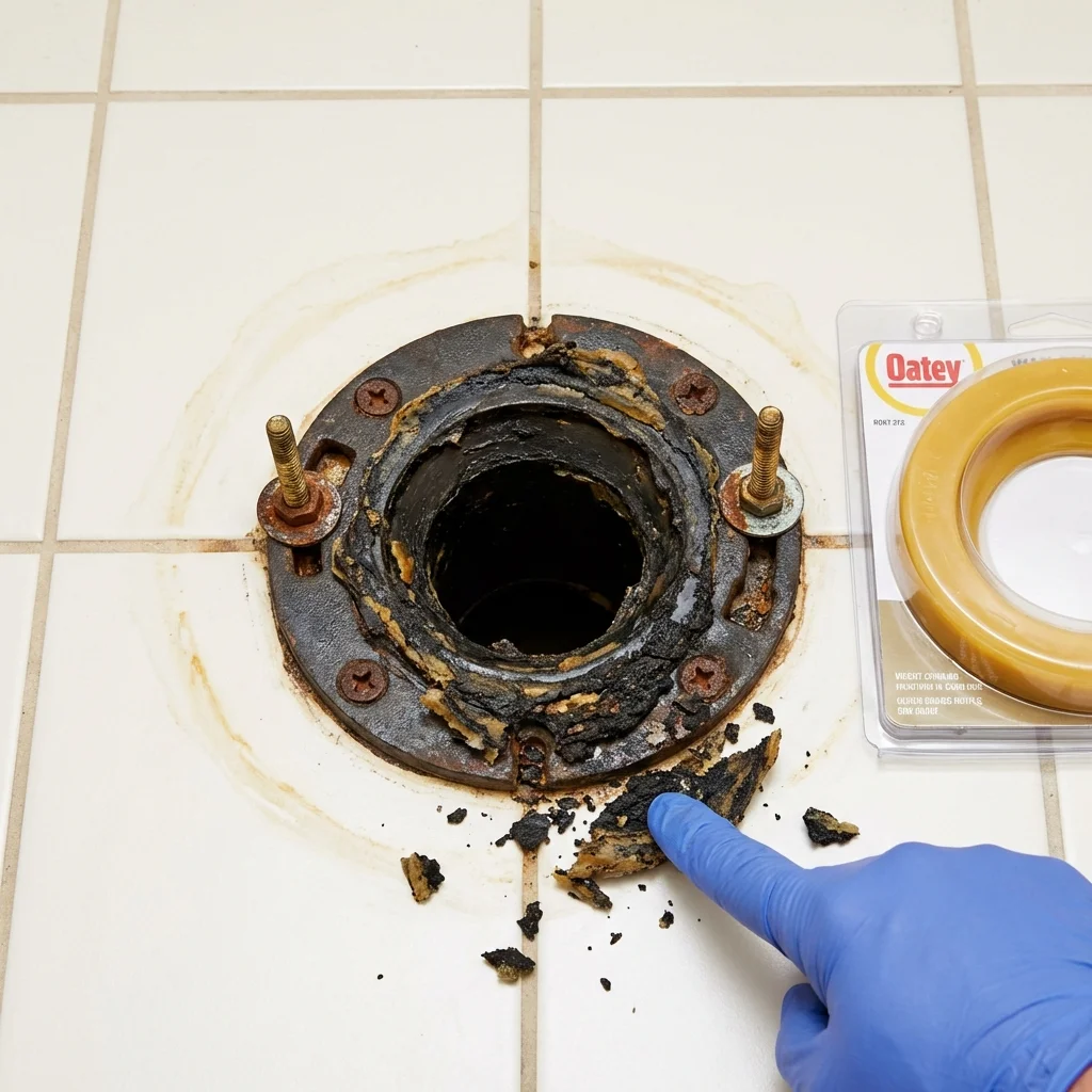 Failed wax ring showing water seepage at the base of a toilet in a Cottonwood, AL home