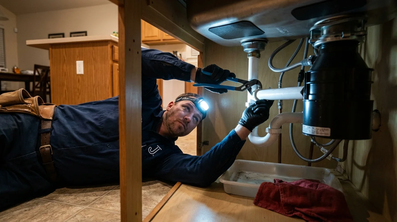 P-trap and supply line connections under a kitchen sink showing a common leak point in Cottonwood, AL